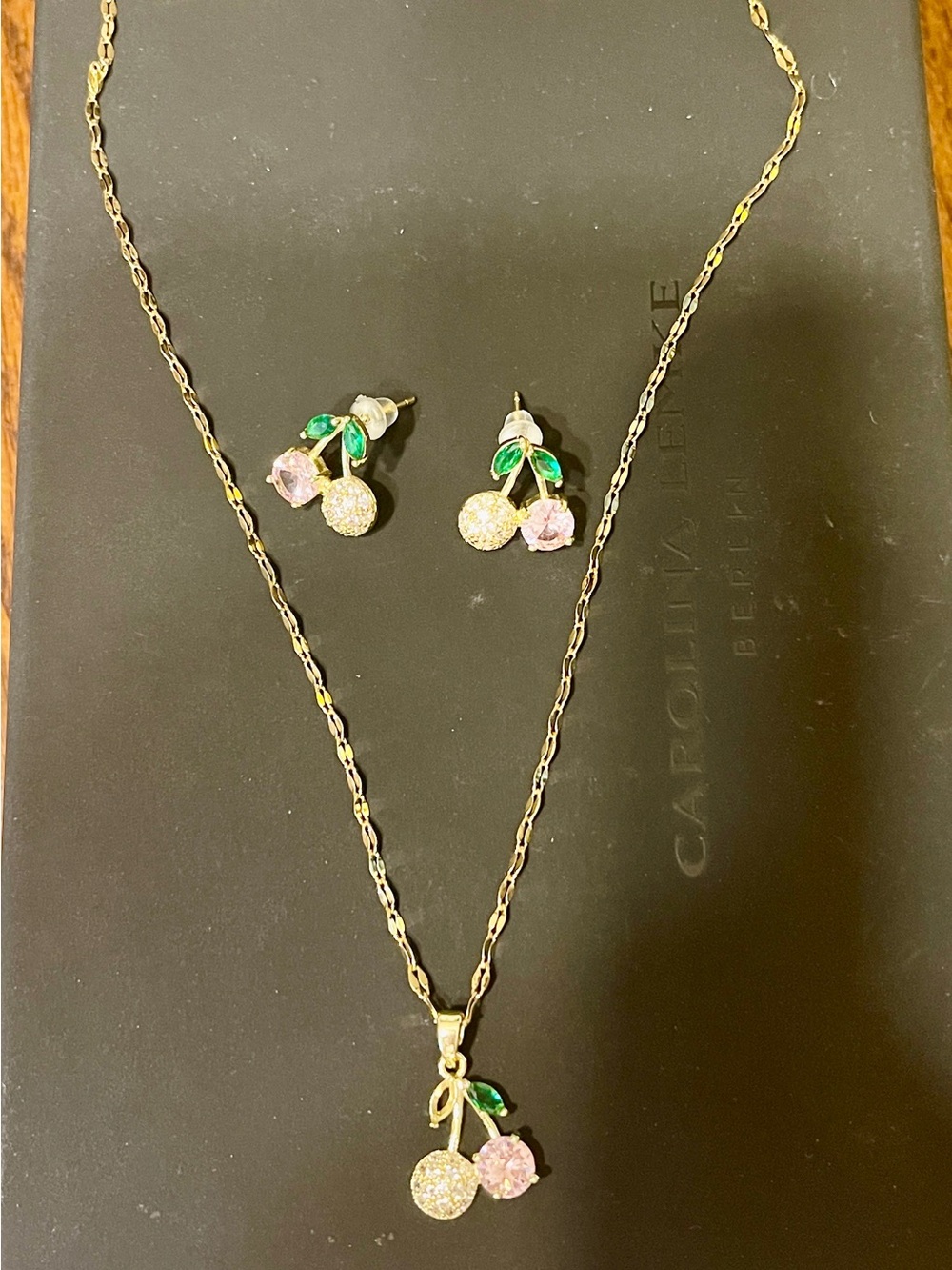 Gold-Tone Cherry Pendant Necklace & Stud Earrings - Pink and Green